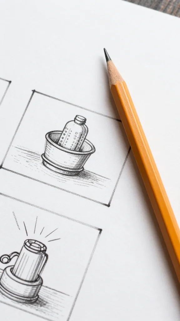 Closeup of a single pencil beside a storyboard sketch on a clean desk