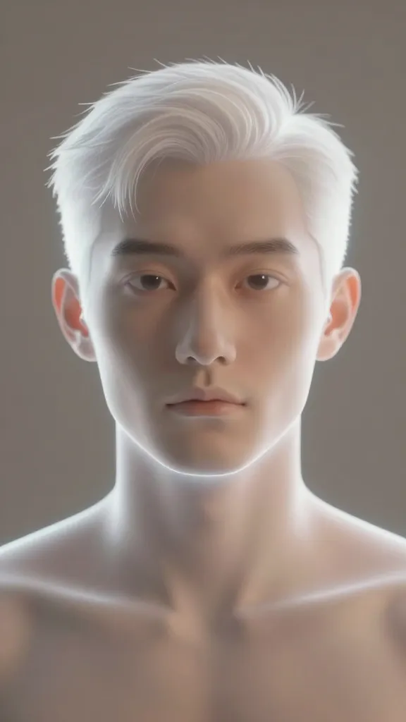 Closeup portrait of a male AI storyteller avatar, luminous digital glow, neutral studio backdrop