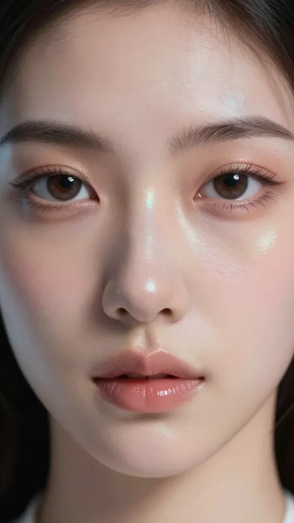 Closeup of a female AI avatar face, soft sci-fi iridescent skin, focus on eyes