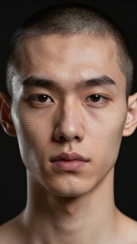 Closeup headshot of an androgynous AI narrator, subtle circuit textures on skin, black backdrop