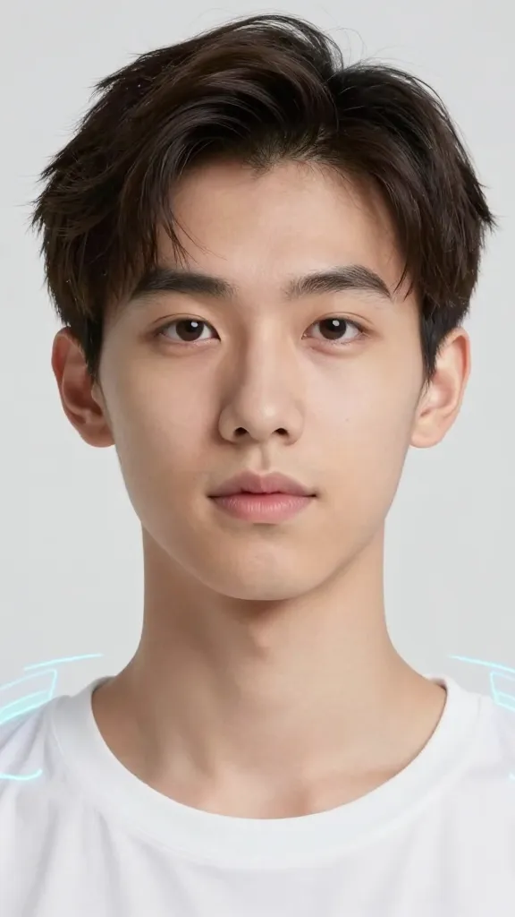 Closeup of a nonbinary AI voice avatar, wearable holographic effects around shoulders, plain background