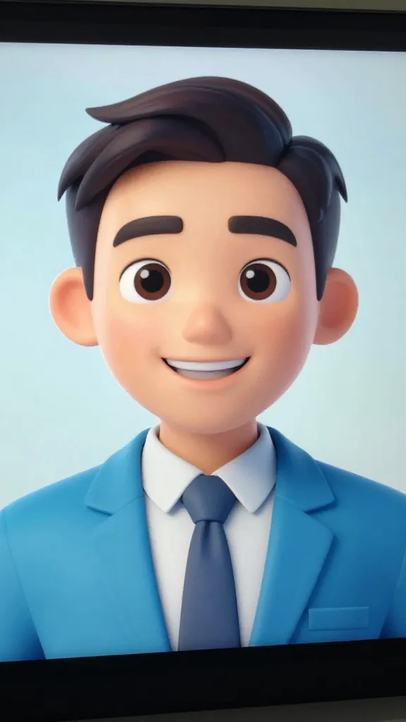 closeup of a friendly AI tutor avatar on screen, smiling