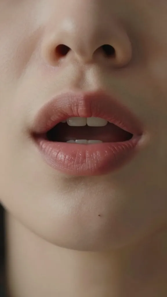 Sharp closeup of avatar lips mid-speech, soft key light, plain backdrop