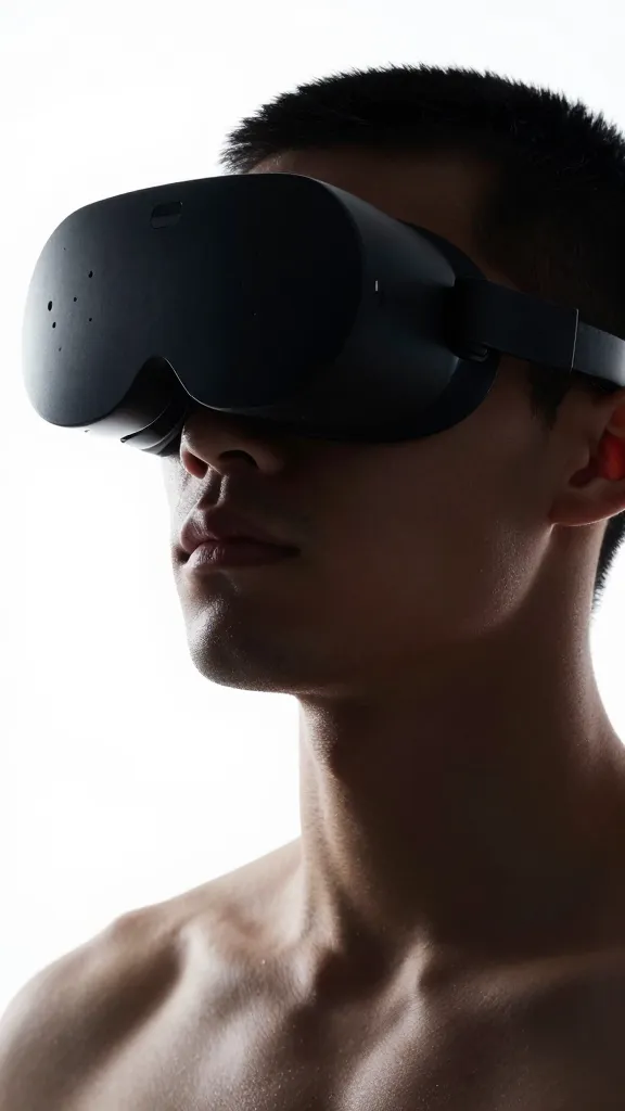 Closeup of avatar headset and neckline, high-contrast studio lighting