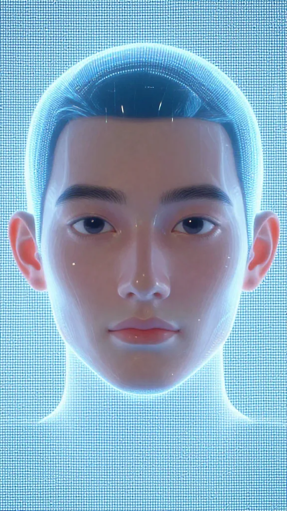 Closeup of an AI avatar hologram face on a studio LED backdrop