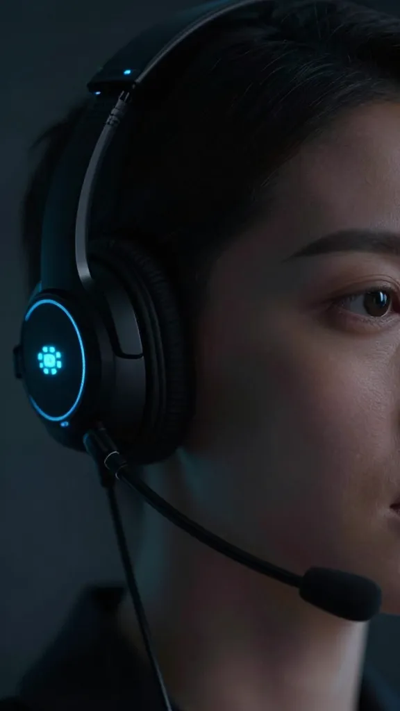 Closeup of an AI host headset with digital eyes glow