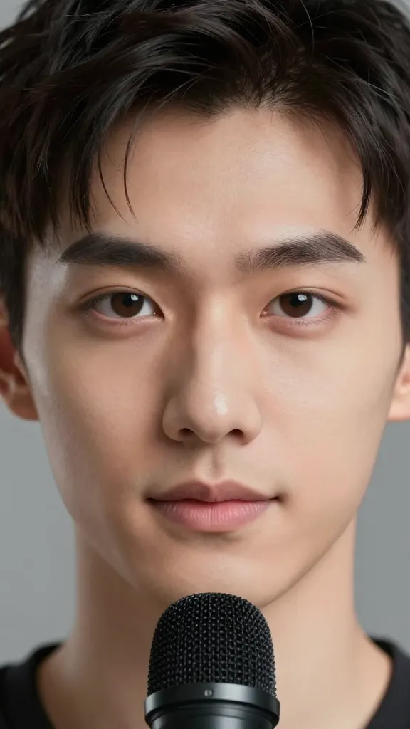 Closeup of AI avatar microphone with calm, confident gaze