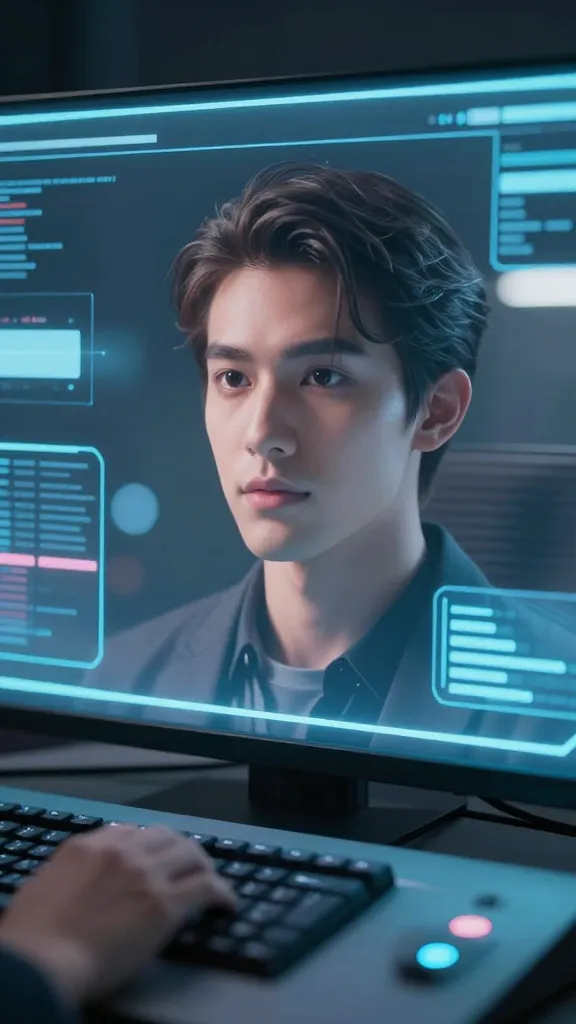 closeup of a modern AI video avatar studio console with holographic interface