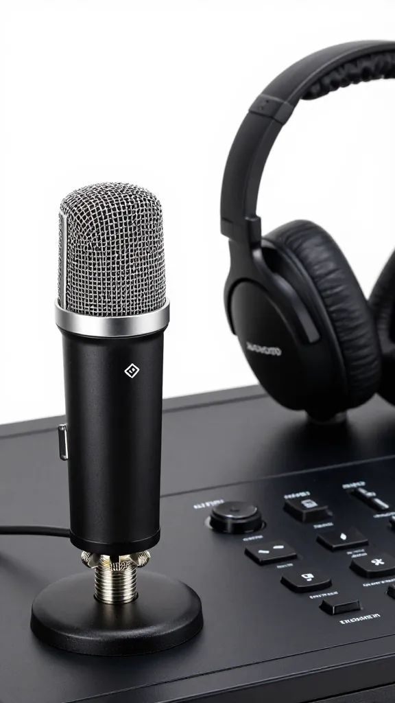 closeup of a high-end microphone and headphones beside avatar controls panel