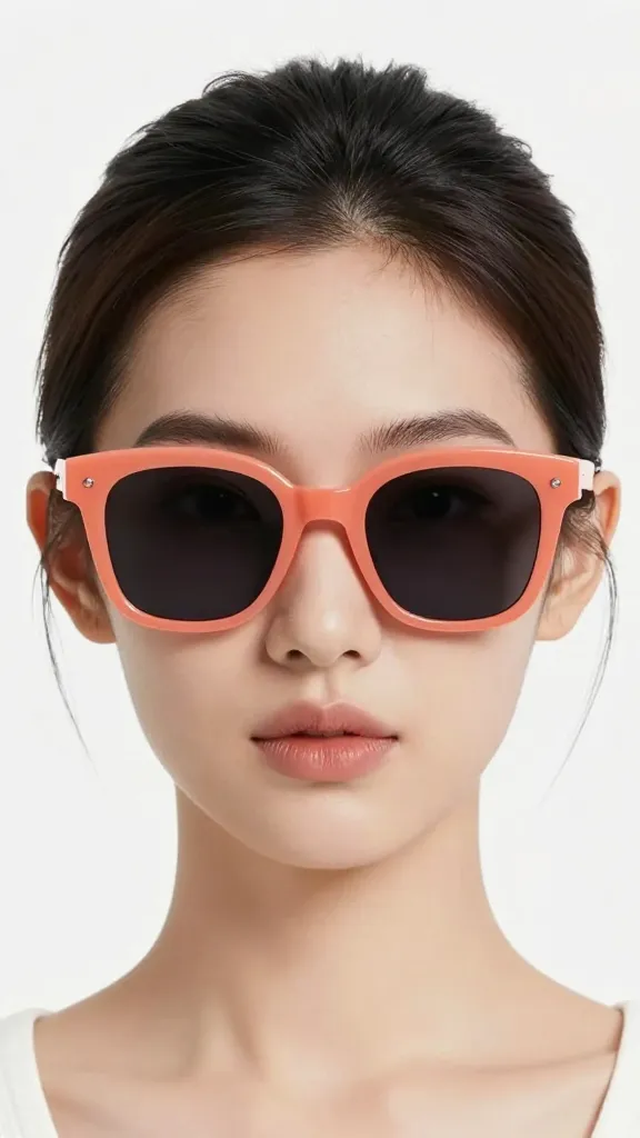 closeup of AI influencer avatar portrait with coral sunglasses