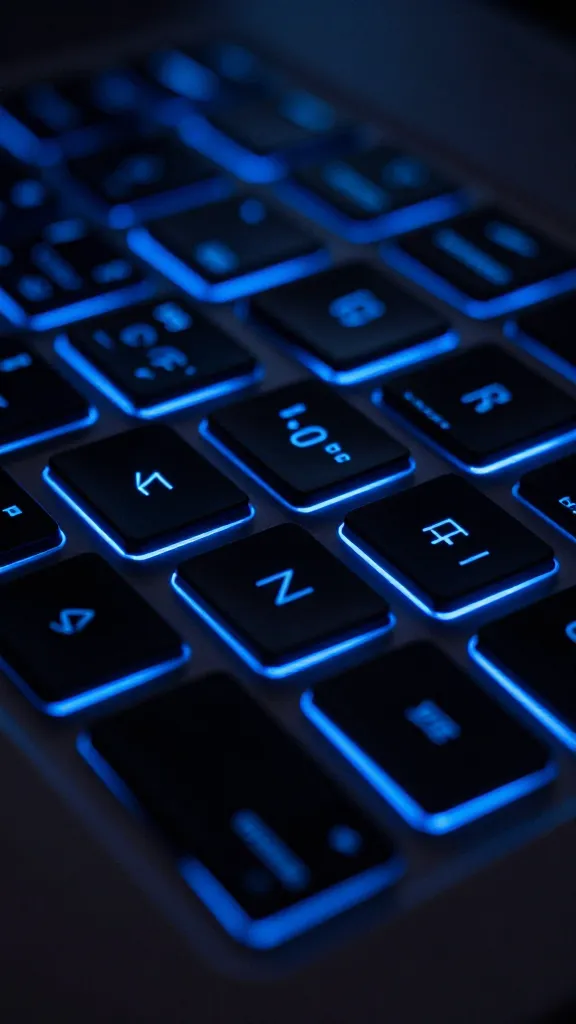 closeup of sleek laptop keyboard with neon blue code glow