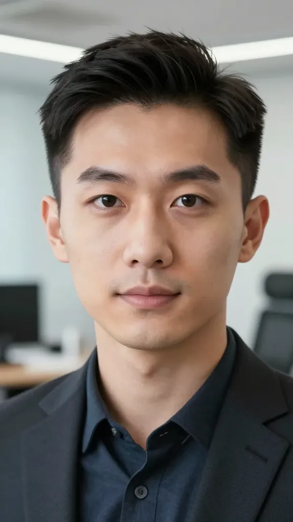 closeup of a professional AI avatar portrait in a sleek office setting