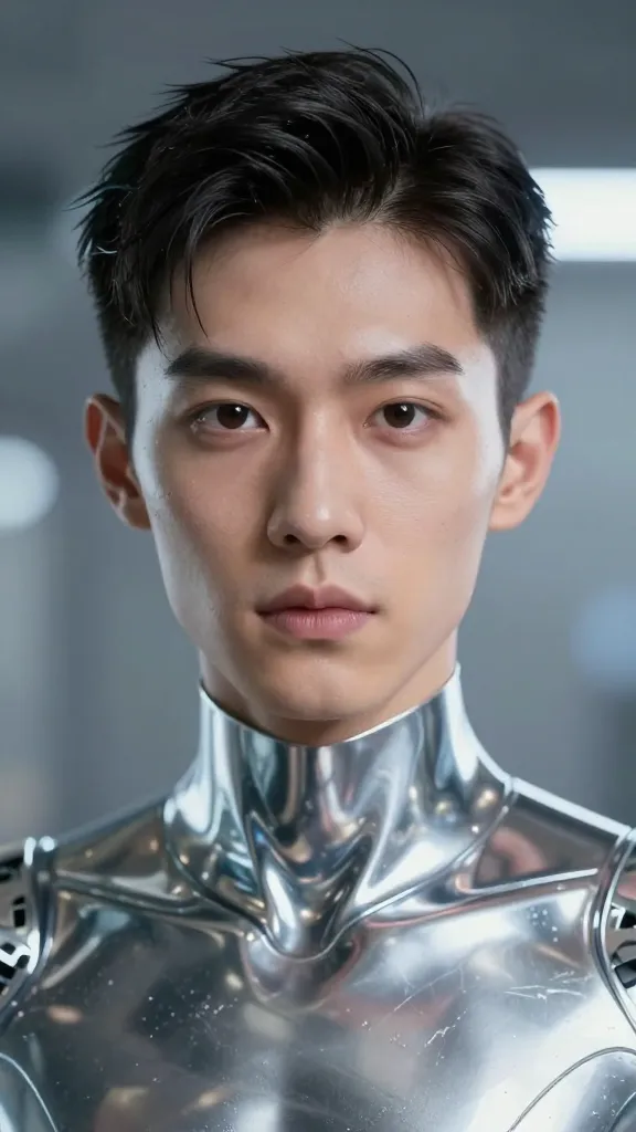 closeup of a photorealistic AI avatar with futuristic chrome backdrop