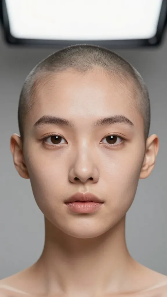 closeup of an AI avatar headshot in minimal studio with softbox light